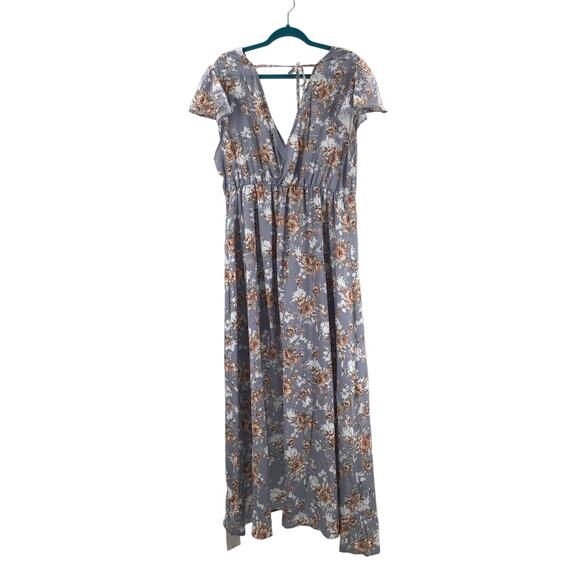 BLOOMCHIC 16 1X Plus Gray Floral Surplice Neck Elastic Waist Maxi Dress NWT b76 - Picture 2 of 7